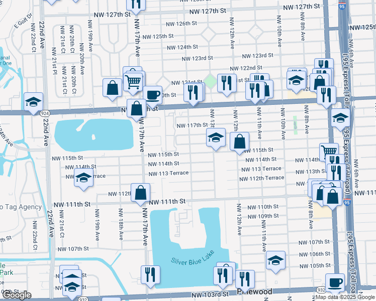 map of restaurants, bars, coffee shops, grocery stores, and more near 1401 Northwest 115th Street in Miami