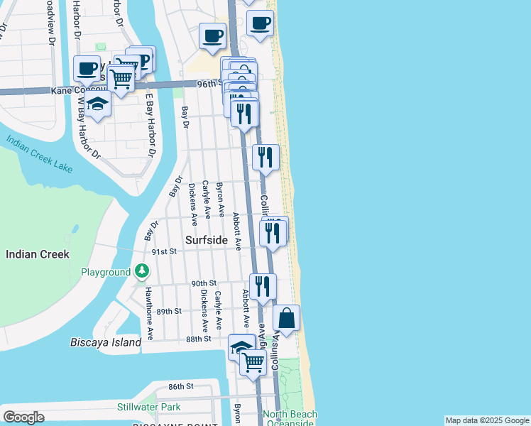 map of restaurants, bars, coffee shops, grocery stores, and more near 9200 Collins Avenue in Miami