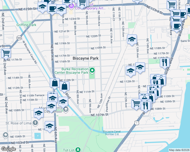 map of restaurants, bars, coffee shops, grocery stores, and more near 902 Northeast 113th Street in Biscayne Park