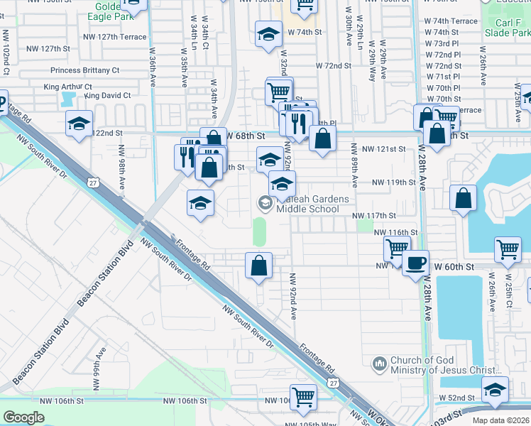 map of restaurants, bars, coffee shops, grocery stores, and more near 11690 Northwest 92nd Avenue in Hialeah Gardens