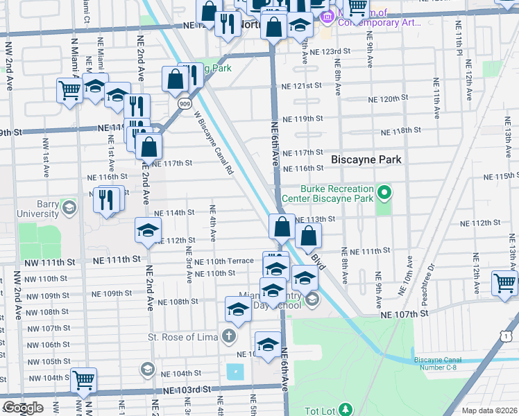 map of restaurants, bars, coffee shops, grocery stores, and more near 11377 West Biscayne Canal Road in Miami