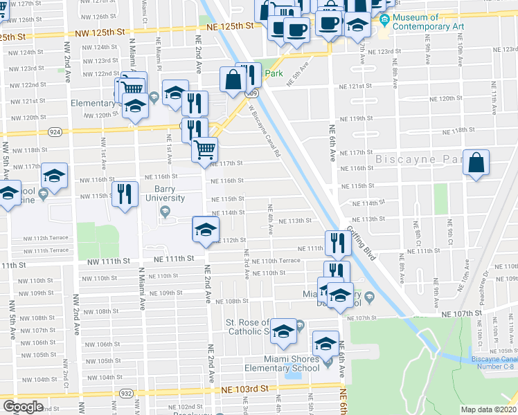 map of restaurants, bars, coffee shops, grocery stores, and more near 11321 Northeast 3rd Avenue in Miami