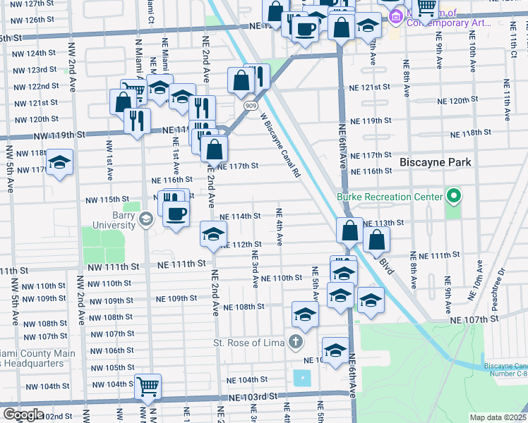 map of restaurants, bars, coffee shops, grocery stores, and more near 11321 Northeast 3rd Avenue in Miami