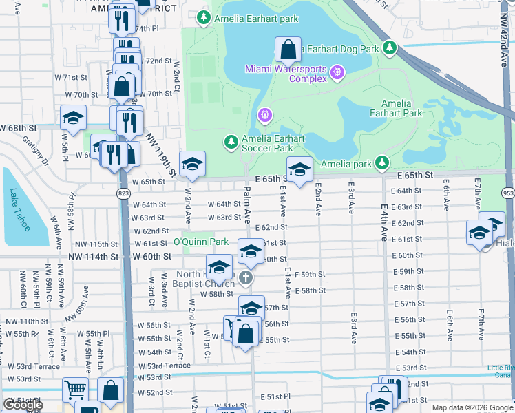 map of restaurants, bars, coffee shops, grocery stores, and more near 30 East 63rd Street in Hialeah