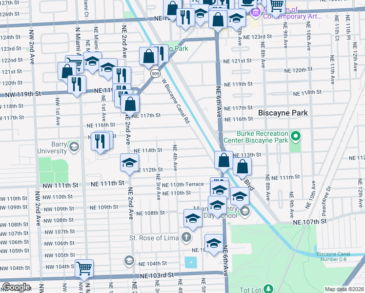 map of restaurants, bars, coffee shops, grocery stores, and more near 400 Northeast 114th Street in Miami