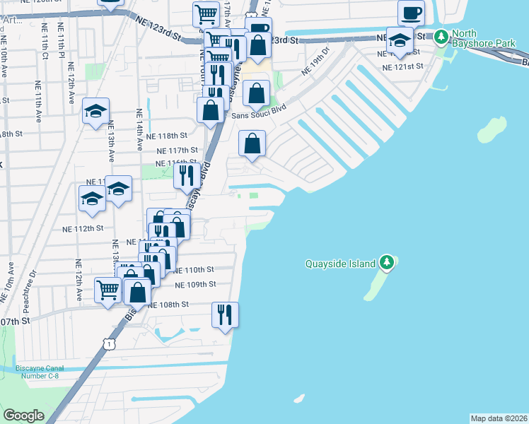 map of restaurants, bars, coffee shops, grocery stores, and more near 11111 Biscayne Boulevard in Miami