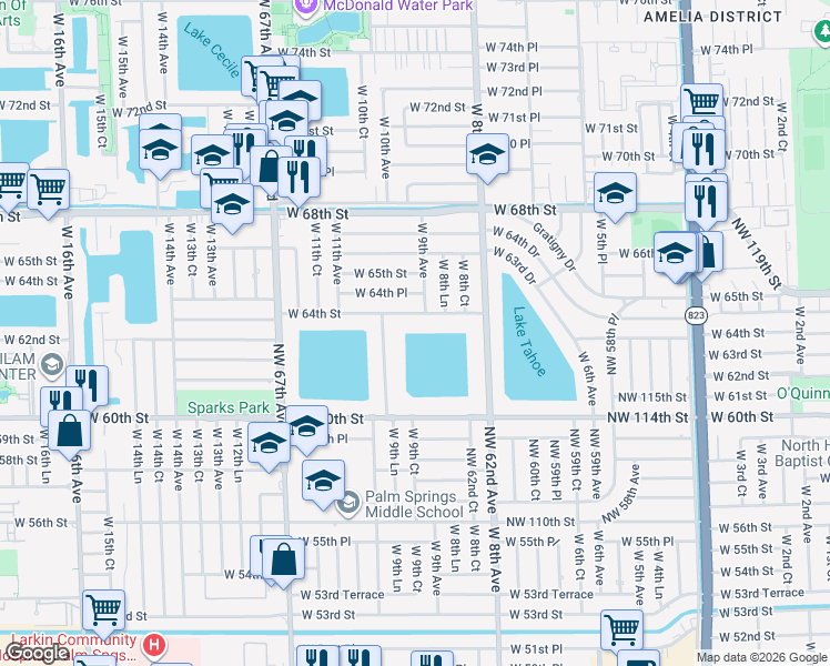 map of restaurants, bars, coffee shops, grocery stores, and more near 6245 West 10th Avenue in Hialeah
