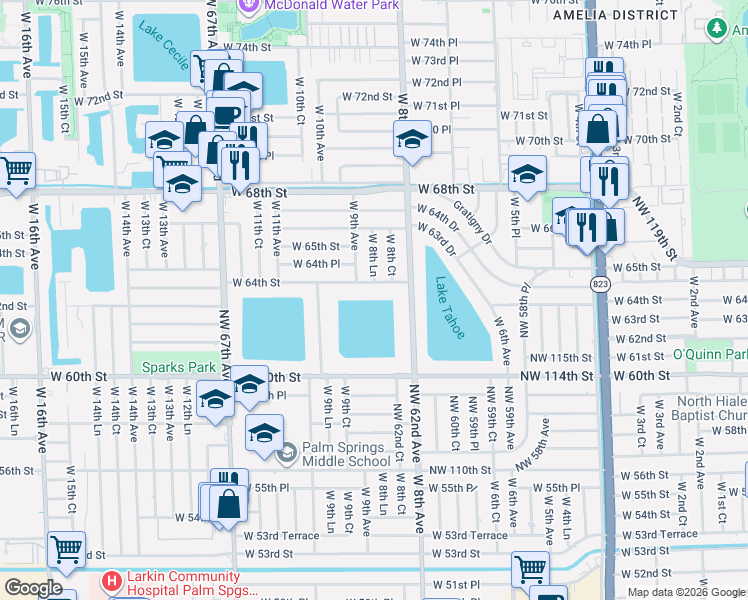 map of restaurants, bars, coffee shops, grocery stores, and more near 862 West 64th Street in Hialeah