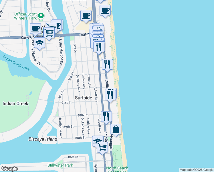 map of restaurants, bars, coffee shops, grocery stores, and more near in Surfside