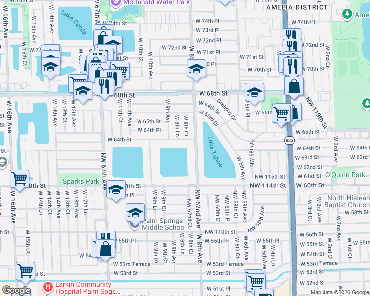 map of restaurants, bars, coffee shops, grocery stores, and more near 862 West 64th Street in Hialeah