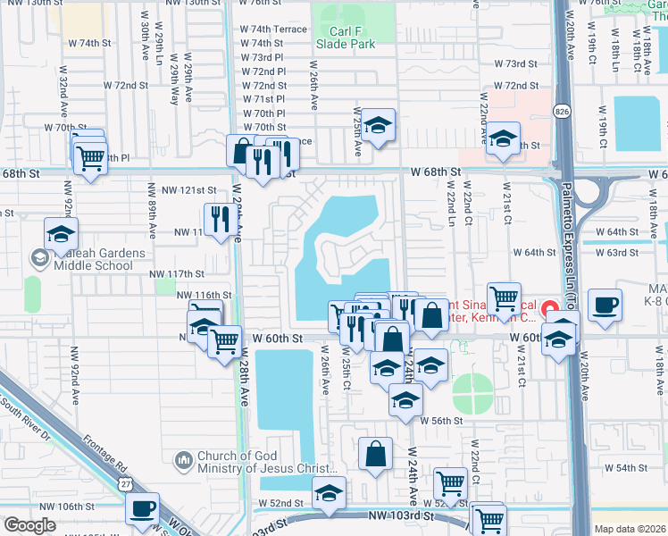 map of restaurants, bars, coffee shops, grocery stores, and more near 2594 West 64th Street in Hialeah