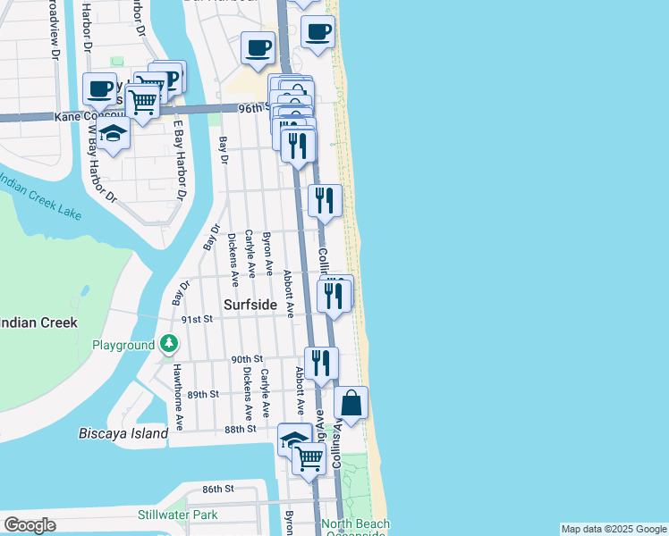 map of restaurants, bars, coffee shops, grocery stores, and more near 9170 Collins Avenue in Surfside