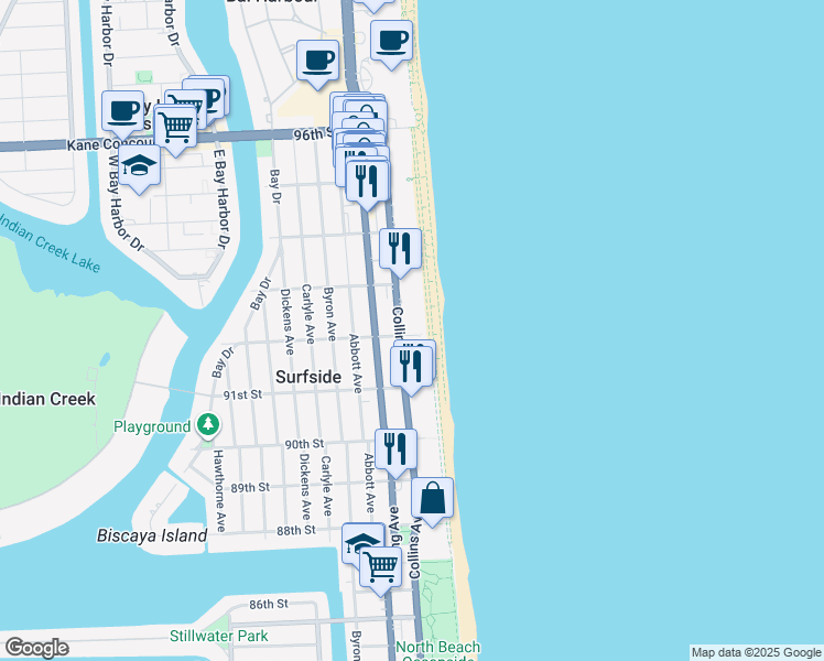 map of restaurants, bars, coffee shops, grocery stores, and more near 9170 Collins Avenue in Surfside