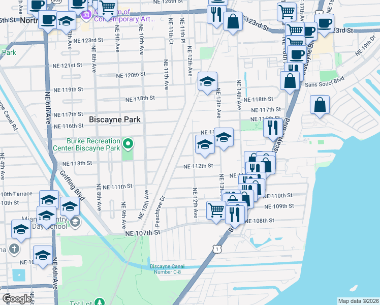 map of restaurants, bars, coffee shops, grocery stores, and more near 1207 Northeast 112th Street in Miami