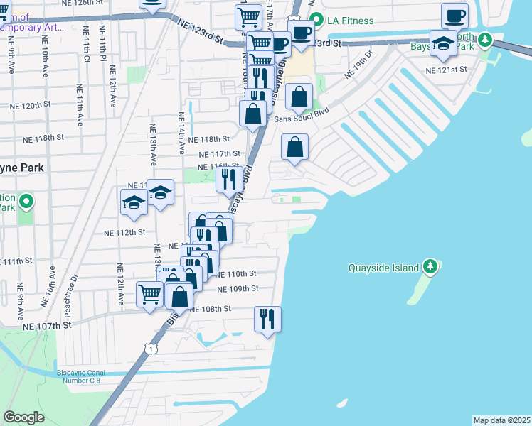map of restaurants, bars, coffee shops, grocery stores, and more near 11111 Northeast 112th Street in Miami