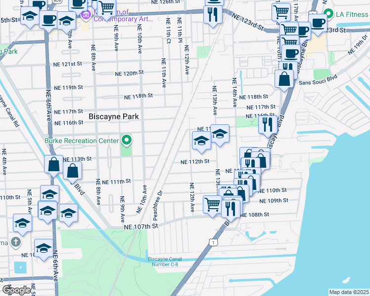 map of restaurants, bars, coffee shops, grocery stores, and more near 1106 Northeast 113th Street in Miami