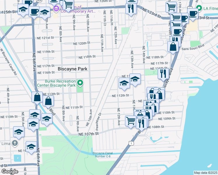 map of restaurants, bars, coffee shops, grocery stores, and more near 1106 Northeast 113th Street in Miami