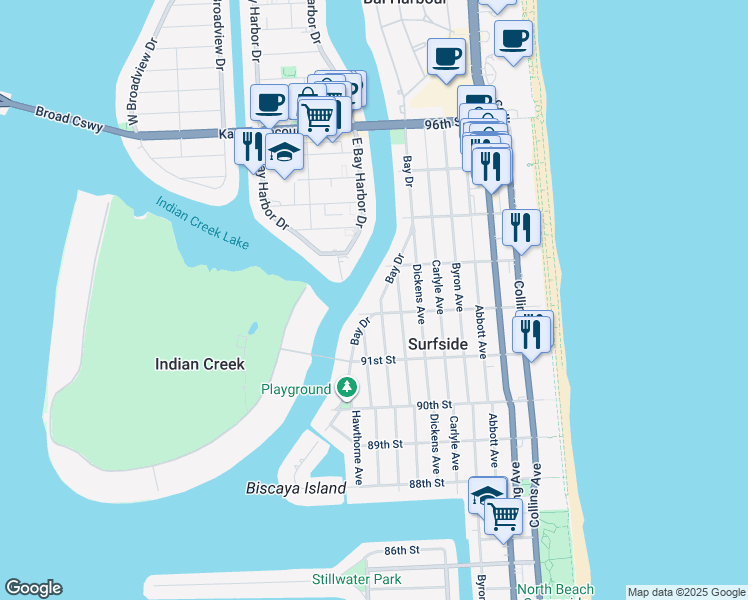 map of restaurants, bars, coffee shops, grocery stores, and more near 9184 Froude Avenue in Surfside