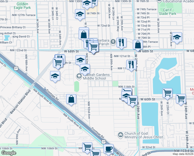 map of restaurants, bars, coffee shops, grocery stores, and more near 11675 Northwest 91st Avenue in Hialeah Gardens
