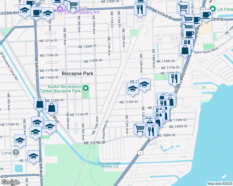 map of restaurants, bars, coffee shops, grocery stores, and more near 1106 Northeast 113th Street in Miami
