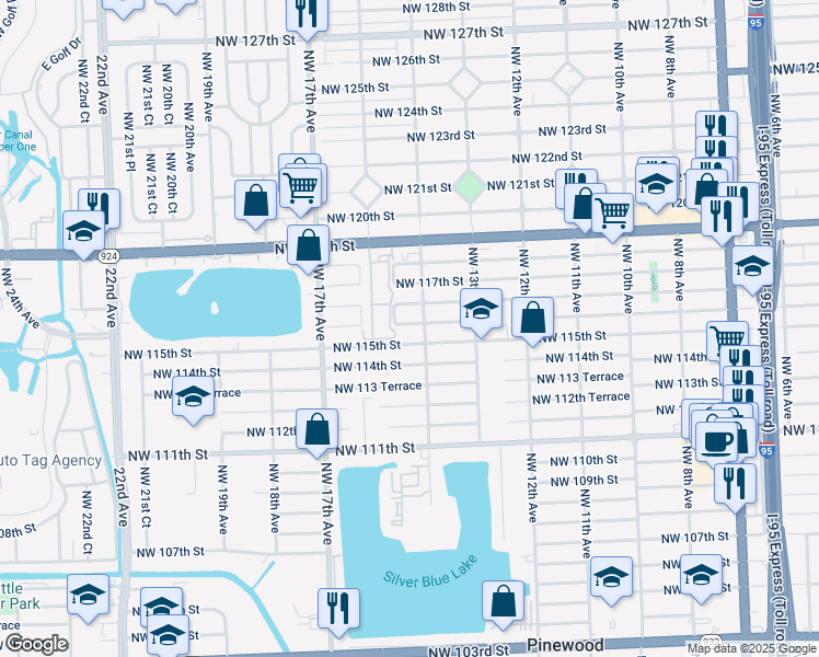 map of restaurants, bars, coffee shops, grocery stores, and more near 1410 Northwest 115th Street in Miami