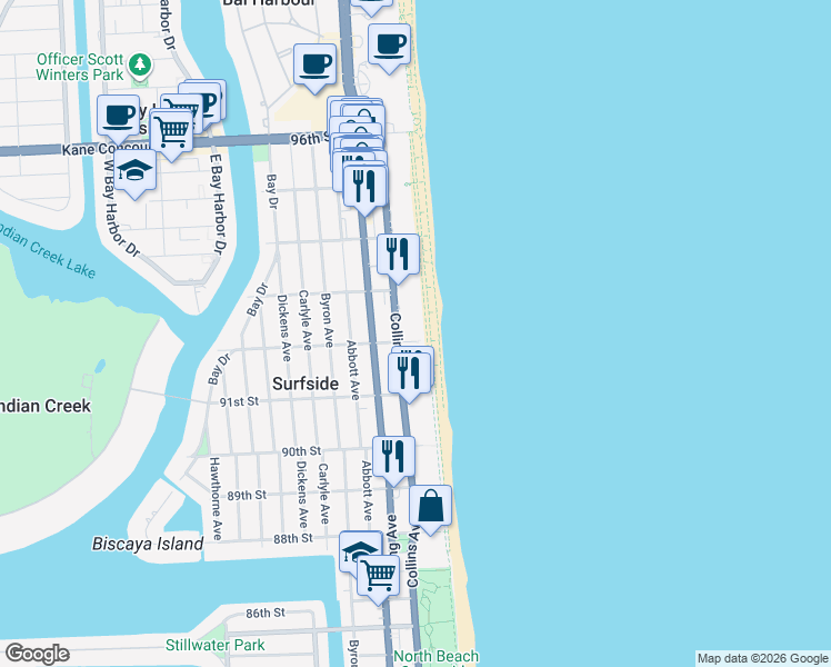 map of restaurants, bars, coffee shops, grocery stores, and more near 9201 Collins Avenue in Surfside