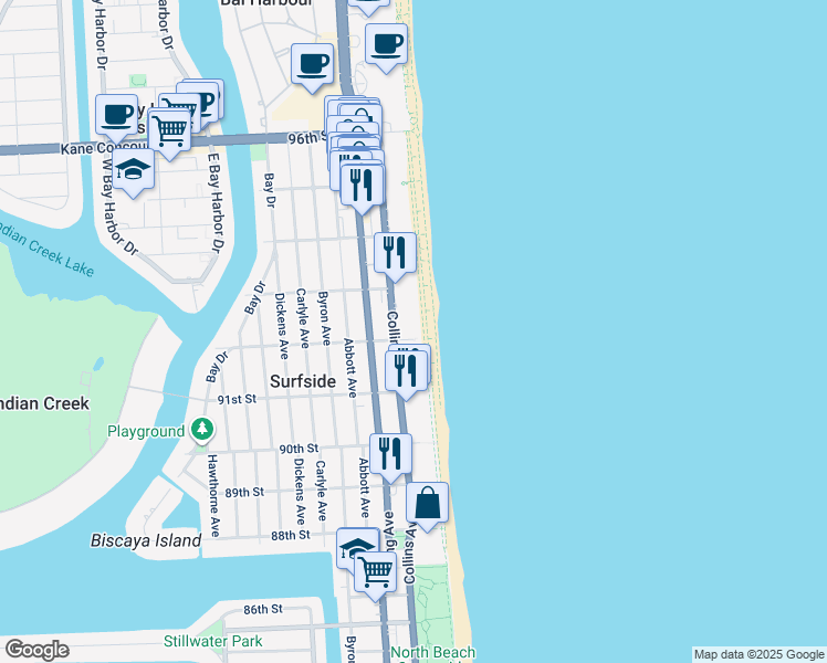 map of restaurants, bars, coffee shops, grocery stores, and more near 9172 Collins Avenue in Surfside