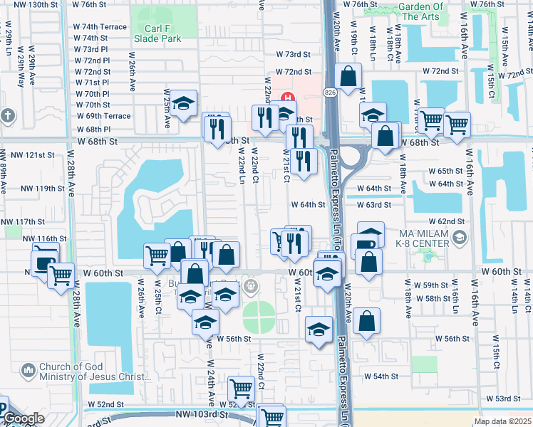 map of restaurants, bars, coffee shops, grocery stores, and more near 6265 West 22nd Court in Hialeah
