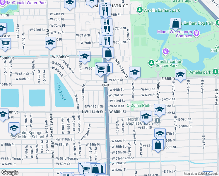 map of restaurants, bars, coffee shops, grocery stores, and more near 375 West 63rd Street in Hialeah