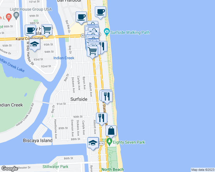 map of restaurants, bars, coffee shops, grocery stores, and more near 9170 Collins Avenue in Surfside