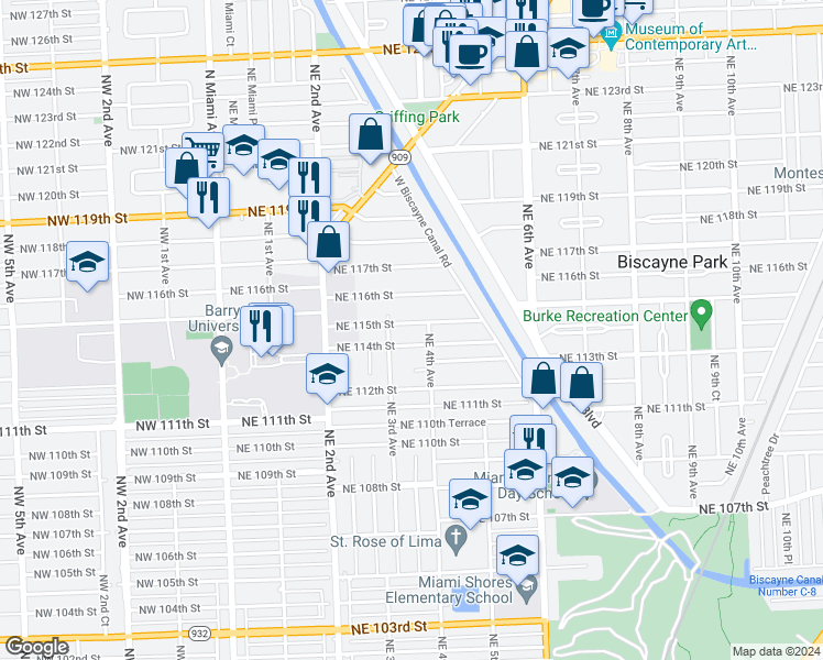 map of restaurants, bars, coffee shops, grocery stores, and more near 11321 Northeast 3rd Avenue in Miami
