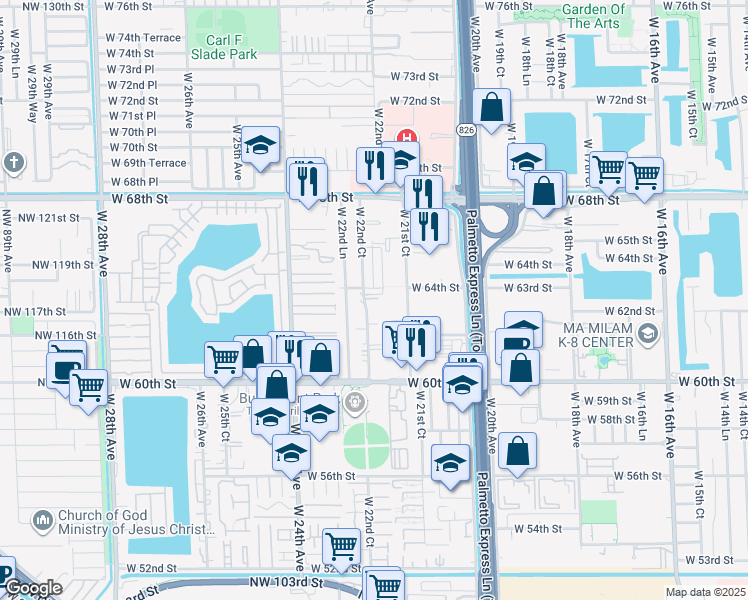 map of restaurants, bars, coffee shops, grocery stores, and more near 6265 West 22nd Court in Hialeah