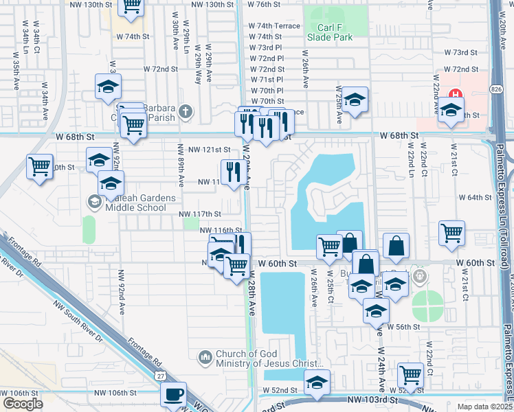 map of restaurants, bars, coffee shops, grocery stores, and more near 2765 West 62nd Place in Hialeah
