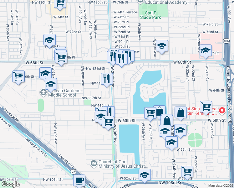 map of restaurants, bars, coffee shops, grocery stores, and more near 2765 West 62nd Place in Hialeah