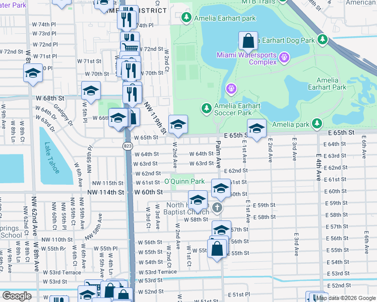 map of restaurants, bars, coffee shops, grocery stores, and more near 141 West 63rd Street in Hialeah