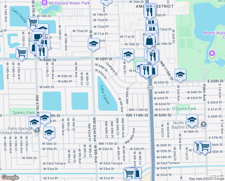 map of restaurants, bars, coffee shops, grocery stores, and more near 628 West 63rd Drive in Hialeah
