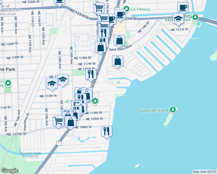 map of restaurants, bars, coffee shops, grocery stores, and more near 11111 Northeast 112th Street in Miami