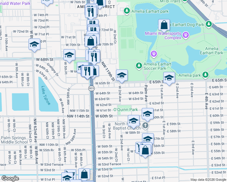 map of restaurants, bars, coffee shops, grocery stores, and more near 6490 West 2nd Avenue in Hialeah