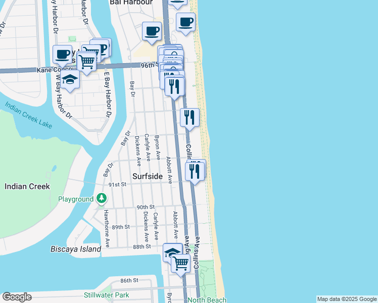 map of restaurants, bars, coffee shops, grocery stores, and more near 9264 Collins Avenue in Surfside