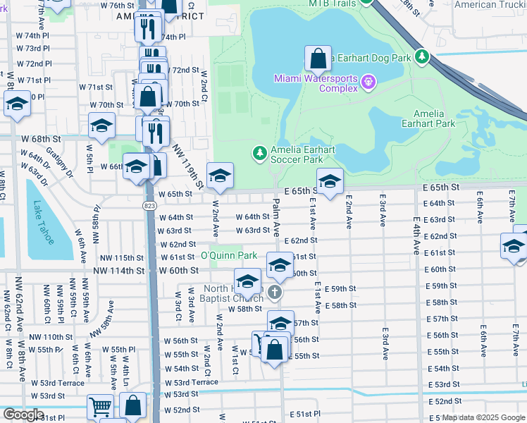 map of restaurants, bars, coffee shops, grocery stores, and more near 6474 West Palm Court in Hialeah