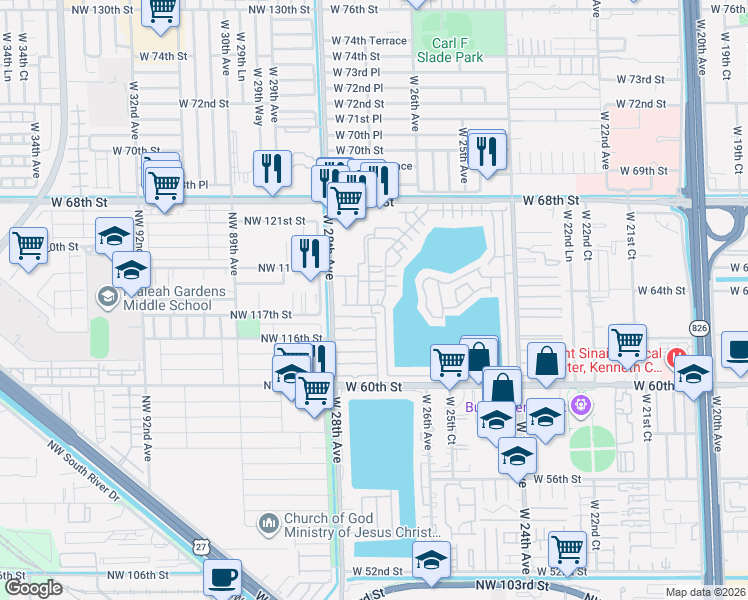 map of restaurants, bars, coffee shops, grocery stores, and more near 455 West 27th Avenue in Hialeah