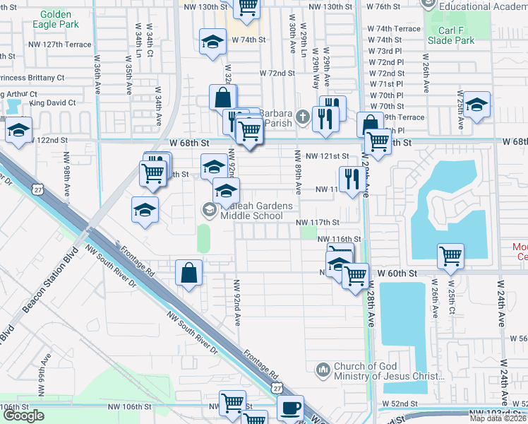 map of restaurants, bars, coffee shops, grocery stores, and more near 9100 Northwest 119th Street in Hialeah
