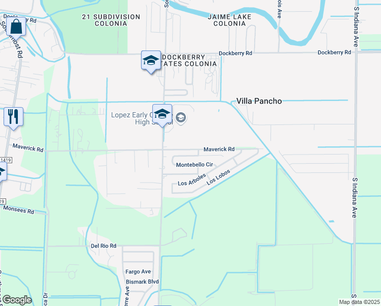 map of restaurants, bars, coffee shops, grocery stores, and more near Maverick in Brownsville