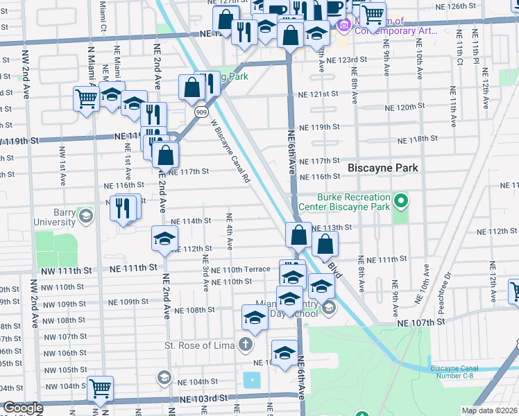 map of restaurants, bars, coffee shops, grocery stores, and more near 11510 West Biscayne Canal Road in Miami