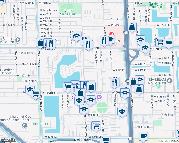 map of restaurants, bars, coffee shops, grocery stores, and more near 38 West 63rd Street in Hialeah