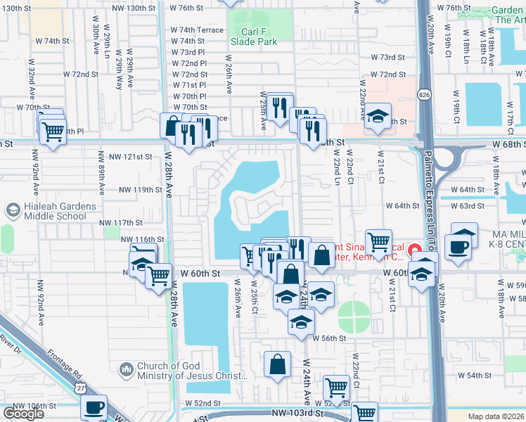map of restaurants, bars, coffee shops, grocery stores, and more near 2516 West 65th Street in Hialeah