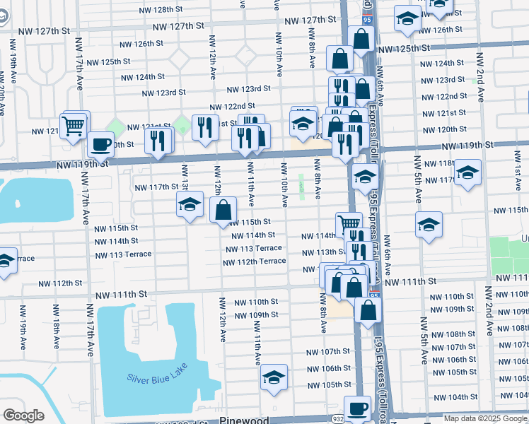 map of restaurants, bars, coffee shops, grocery stores, and more near 1050 Northwest 116th Terrace in Miami