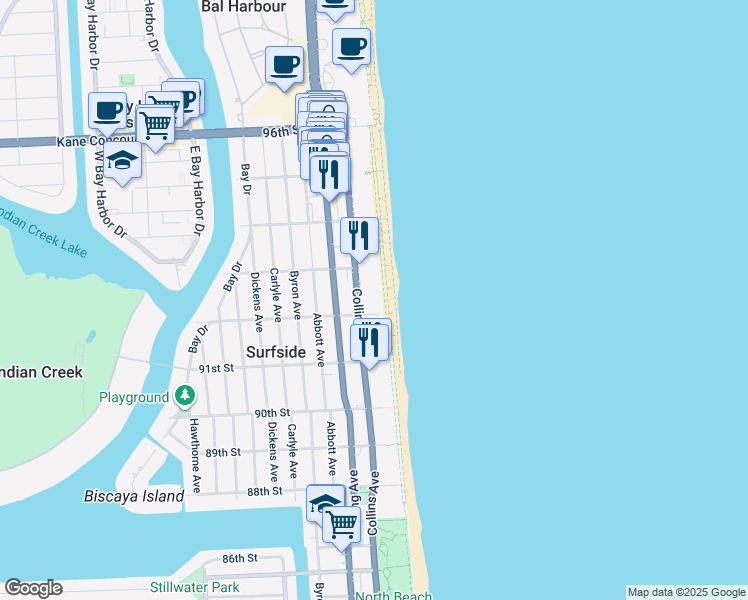 map of restaurants, bars, coffee shops, grocery stores, and more near 9241 Collins Avenue in Surfside