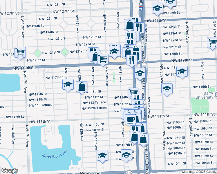 map of restaurants, bars, coffee shops, grocery stores, and more near 981 Northwest 116th Street in Miami
