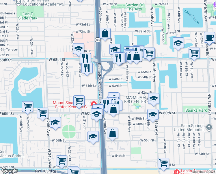 map of restaurants, bars, coffee shops, grocery stores, and more near 1937 West 63rd Street in Hialeah
